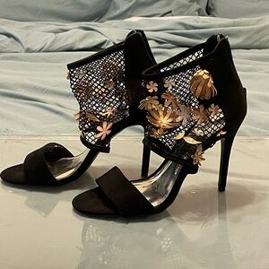Black High Heel Sandals with Gold Floral Mesh Ankle Detail